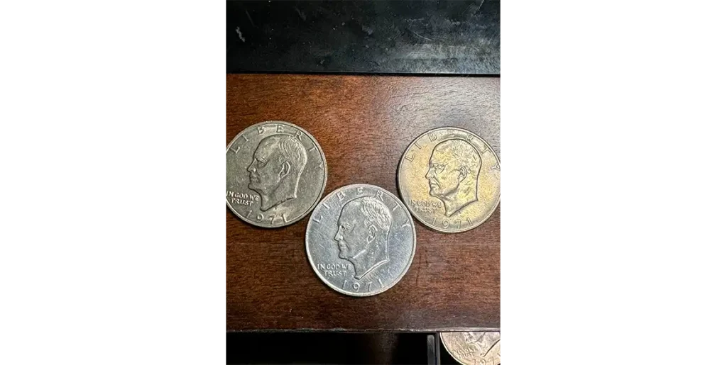 Varieties of a 1971 silver dollar.